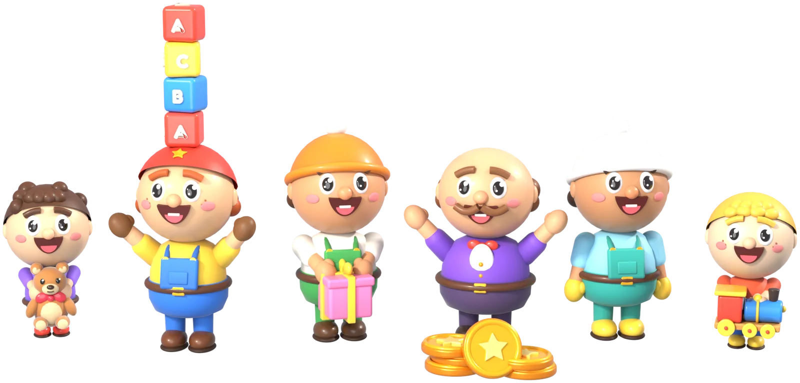 The Tiny Toyworks crew: your worker with a stack of blocks, a carrier with a gift, the cashier, the cleaner and two happy kids with a teddy and a train