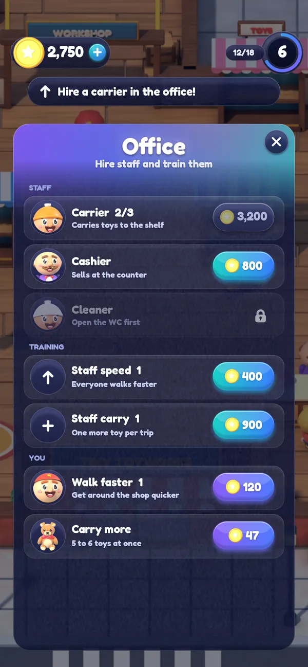 The office card: hire carriers, a cashier and a cleaner